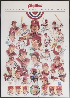 1980 World Champions Philadelphia Phillies Team Signed Framed Litho With 33 Signatures Including Schmidt, Carlton & Rose (Beckett)